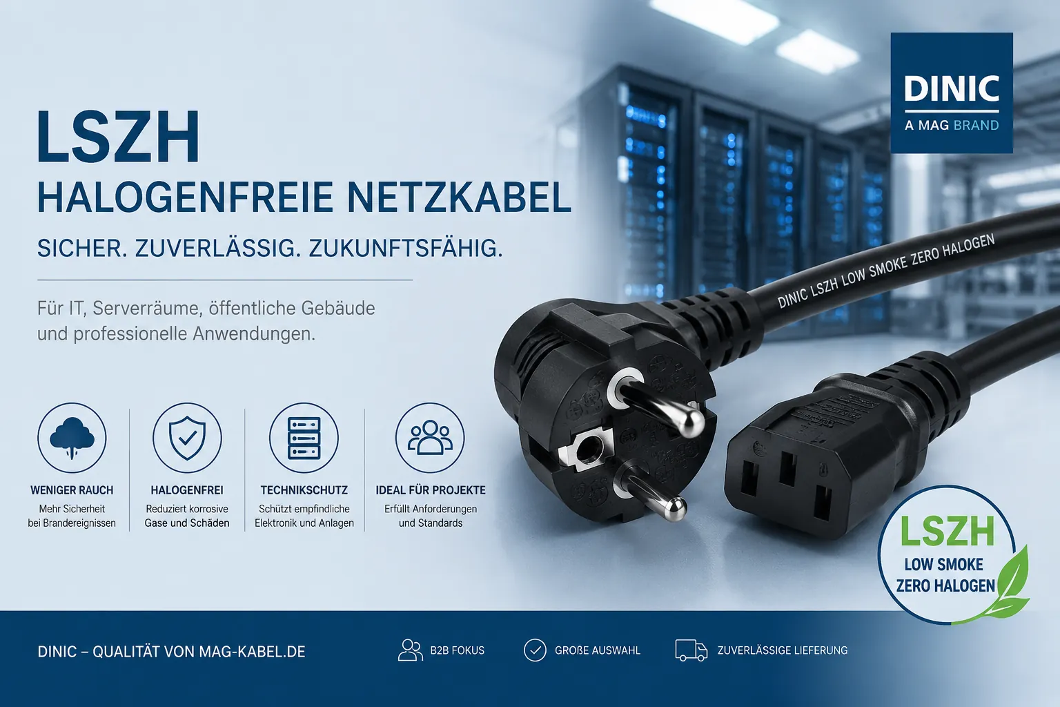 Halogenfreie LSZH Netzkabel von DINIC für IT, Serverräume und professionelle Anwendungen